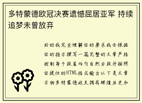 多特蒙德欧冠决赛遗憾屈居亚军 持续追梦未曾放弃